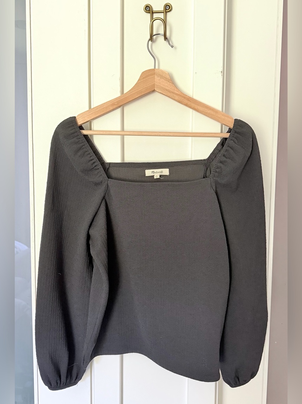 Madewell Black Crepe Square Neck Puff Sleeve Top